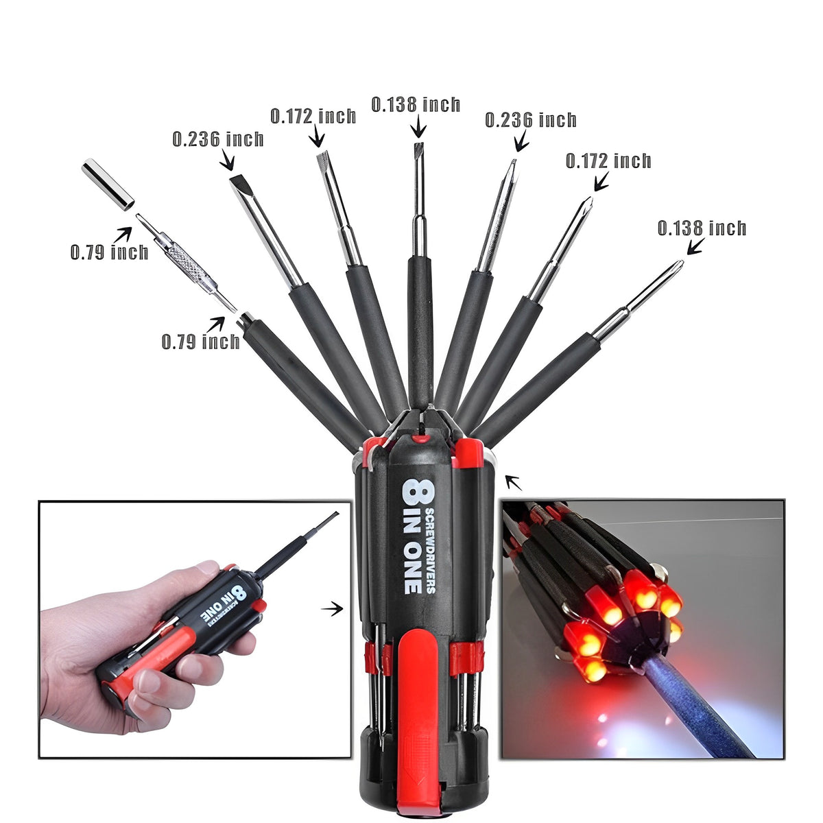 Compact 8 In 1 Multi Screwdriver Tool Set With 6 LED Torch